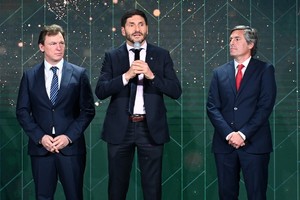 Nahuel Caputto, CEO de El Litoral; Maximiliano Pullaro, gobernador de Santa Fe; y Nicolás Cabó, presidente de ADER. Especial
